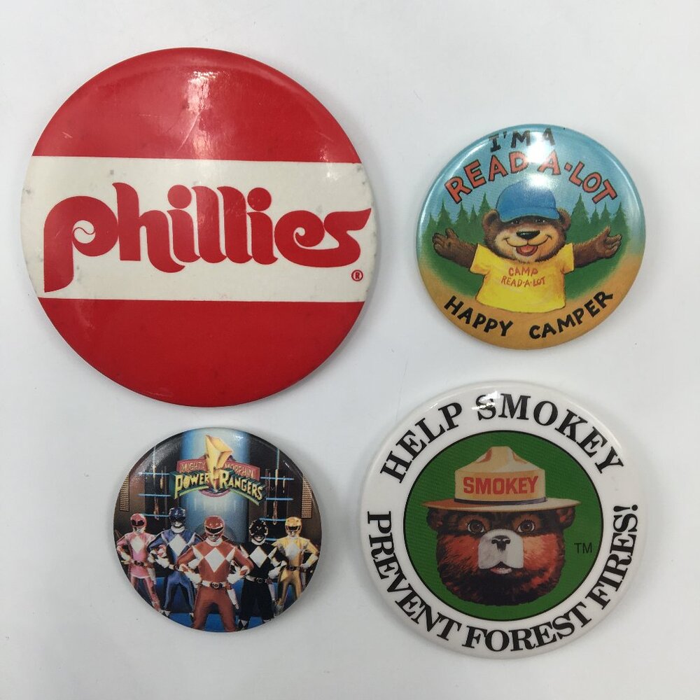 4 Vintage Button Pins / Philadelphia Phillies / Smokey Bear / Power Rangers
